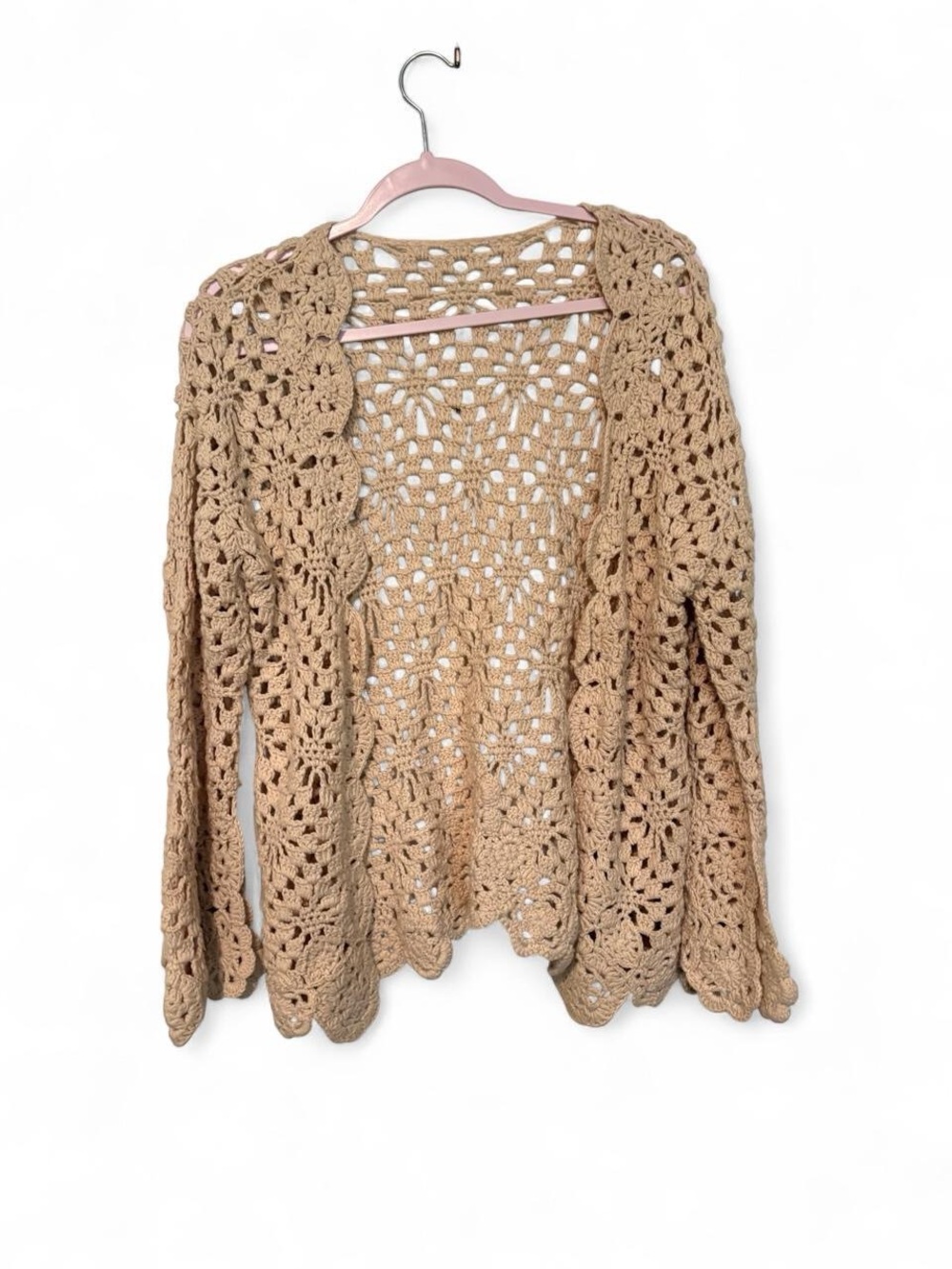 Beige Crochet Open-Front Women's Sweater Cardigan